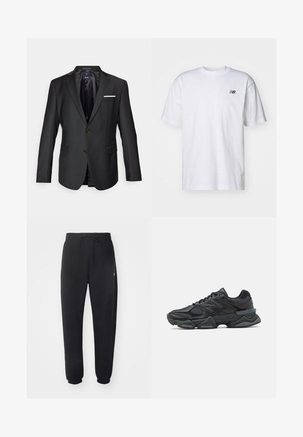 Czarna marynarka uszyta z gładkiego materiału, z klapami, dwiema brązowymi guzikami, dwiema przednimi kieszeniami oraz białą poszetką.; Biała, krótka koszulka z okrągłym dekoltem z krótkim rękawem z małym czarnym logo New Balance na lewej piersi na jednolitym tle.; Czarne dresy wykonane z miękkiego materiału, z elastycznym pasem, sznurkiem i zwężanymi mankietami, z subtelnym logo po boku.; Czarne buty biegowe z mieszanką siateczki i materiałów syntetycznych, masywną podeszwą, opływowym kształtem oraz wyraźnym brandingiem z boku.