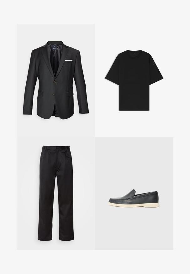 Schwarzer Blazer aus glattem Stoff mit Reverskragen, zwei braunen Knöpfen, zwei Fronttaschen und einem weißen Taschentuch als Akzent.; Schwarzes Kurzarm-T-Shirt mit Rundhalsausschnitt, entspannt geschnitten und mit einem kleinen "BOSS"-Label im Innenkragen.; Schwarze Hosen aus glattem Stoff, mit einem Knopfverschluss vorne, Falten und geraden Beinen. Keine sichtbaren Muster oder Akzente.; Schwarze Leder-Slipper mit strukturiertem Finish und einer kontrastierenden beige Gummisohle. Mit einem dezenten Akzent an der Vorderseite.