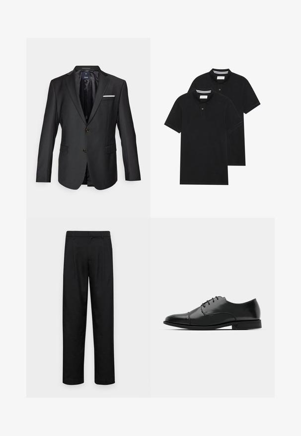 Blazer nero realizzato in tessuto liscio con rever a punta, due bottoni marroni, due tasche frontali e un fazzoletto bianco come accentuazione.; Due magliette polo nere, con maniche corte, in cotone, con colletto classico, pattina a due bottoni e dettagli a righe bianche all'interno del colletto.; Pantaloni neri realizzati in tessuto liscio, caratterizzati da un taglio dritto, due pieghe frontali e una vita standard con passanti per la cintura.; Scarpa da uomo in pelle nera con punta rotonda, design con lacci, dettagli di cucitura discreti e tacco basso. Texture liscia con finitura lucida.
