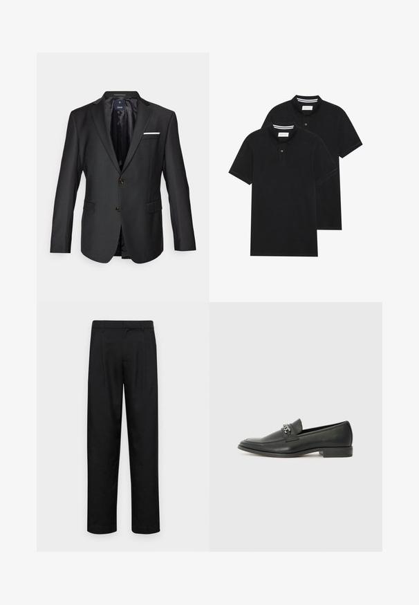 Melnā žakete, kas izgatavota no gludas auduma, ar izgrieztām atlokām, divām brūnām pogām, divām priekšējām kabatām un baltas kabatas lakatiņa akcentu.; Divas melnas polo krekli, īsām piedurknēm, no kokvilnas materiāla, ar klasisku apkakli, divu pogu aizdari un balti svītroti akcenti apkakles iekšpusē.; Melnas bikses, izgatavotas no gludas auduma, ar taisnu kāju dizainu, divām priekšējām krokām un standarta jostu, kurai ir āķi.; Melna ādas loafer izmēra apavi ar gludu virsmu, piedāvā ar šūtu dizainu un dekoratīvu metāla ķēdes akcentu pār vampu. Plakana papēža daļa.