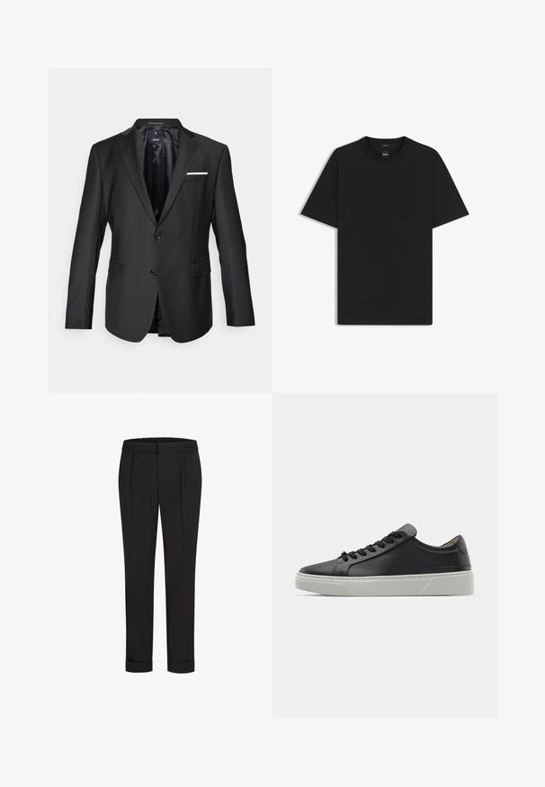 Zwarte blazer van gladde stof met een mooie revers, twee bruine knopen, twee voorzakken en een witte pochet als accent.; Zwarte korte mouwen T-shirt van een gladde katoenmix, met een ronde halslijn en een minimalistisch ontwerp zonder patronen of accenten.; Zwarte broek met een elastische tailleband, met een rechtvallend ontwerp en opgerolde manchetten. Gemaakt van glad, geweven stof zonder patronen.; Zwarte leren sneaker met een gladde textuur, ronde neus en zwarte veters. Heeft een dikke, witte rubberen zool met subtiele geometrische accenten.