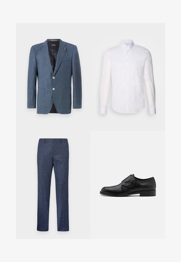 Blazer padrão azul com um tecido texturizado, dois botões, lapela inglesa e dois bolsos frontais. Apresenta um interior forrado para maior conforto.; Camisa branca de manga longa com botões, feita de algodão, apresentando um colarinho clássico, botões frontais e um detalhe de costura minimalista.; Calças azul marinho feitas de um tecido texturizado, com pernas retas, frente lisa e dois bolsos laterais. Sem padrões ou acentos visíveis.; Sapato de pele preto com fivelas duplas, silhueta elegante e bico redondo. Apresenta um salto baixo e textura suave.