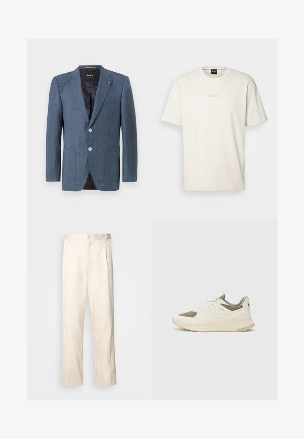 Modra blejzer s vzorjem iz teksturirane tkanine, z dvema gumboma, zarezanimi reverji in dvema sprednjima žepoma. Ima podloženo notranjost za dodatno udobje.; BOSS TEE - Navadna majica - open white; Bež cottone hlače s ravnim krojem, ki imajo gumbasto zapiranje in nabore spredaj za dodatne detajle.; Beli in svetlo bež športni copat, s mrežastim zgornjim delom, perforiranimi detajli in teksturirano srednjim delom z blagovno znamko na peti.