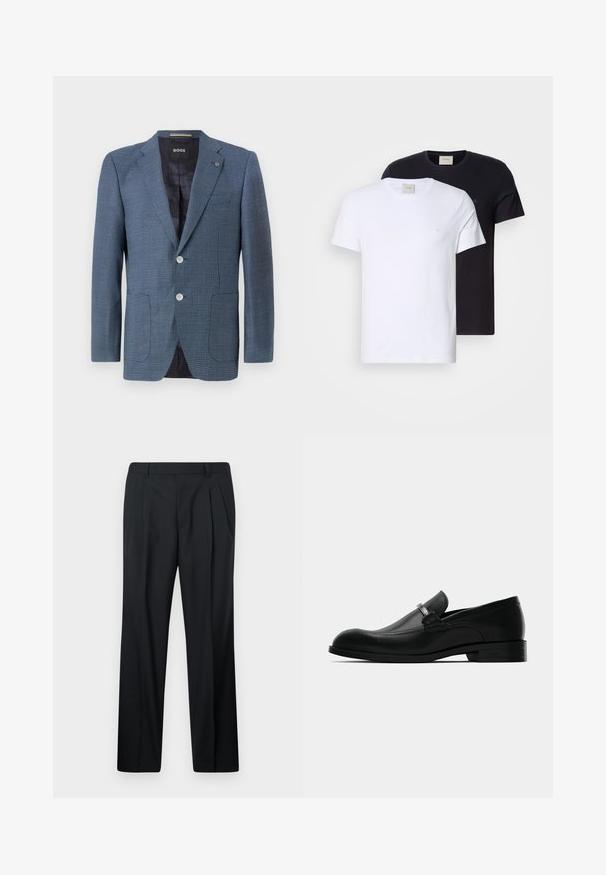 Niebieska marynarka w wzory z teksturowanej tkaniny, zapinana na dwa guziki, z kołnierzem w kształcie notcha i dwoma przednimi kieszeniami. Posiada podszewkę dla dodatkowego komfortu.; Dwie koszulki z okrągłym dekoltem, jedna biała, druga czarna, wykonane z miękkiej bawełny. Obie mają prosty design i małe logo na klatce piersiowej.; Czarne spodnie damskie z zakładkami, wykonane z gładkiej tkaniny. Posiadają prosty krój, pas z szlufkami i brak kieszeni. Prosty design.; Czarne męskie loafersy ze skóry z metalowym zapięciem, niskim obcasem i markową podeszwą, pokazane z boku na białym tle.