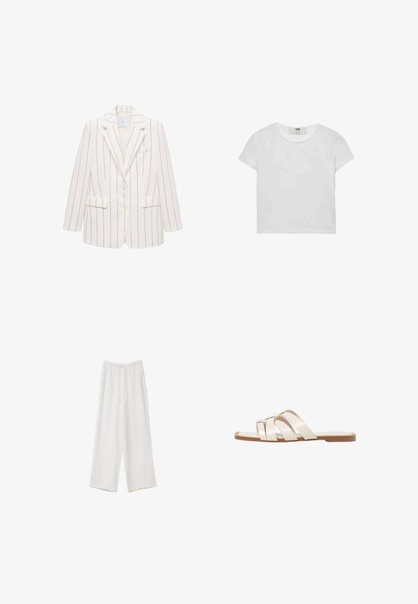 Beli blazer s pinstripi z oblikovanim krojem, zapiranjem na en gumb, zarezanimi reverji, dvema sprednjima žepoma in žepom na prsih.; Bela majica s kratkimi rokavi in okroglim ovratnikom, izdelana iz mehke bombažne tkanine, ki ima preprost, čist dizajn brez vidnih vzorcev ali poudarkov.; Bele široke hlače iz lahkega materiala. Imajo elastičen pas s vrvico in stranske žepe. Gladka tekstura.; Ravne sandale s svetlo rjavim gumijastim podplatom, zasnovane s tremi prekrivajočimi se belimi usnjenimi trakovi in majhnim lokom na sredini.
