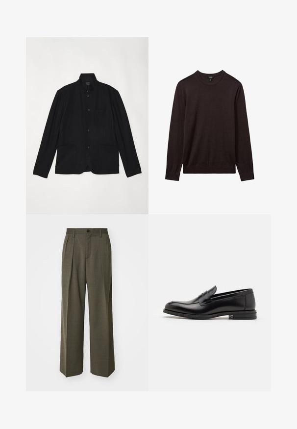 rag & bone JAPANESE PROSPECT - Giacca - black; Reiss Maglione - dark bordeaux; Filippa K WIDE TROUSERS - Pantaloni - driftwood; Mocassini neri in pelle con una texture liscia, punta arrotondata e una striscia decorativa sulla tomaia. Tacco basso impilato, design minimalista.