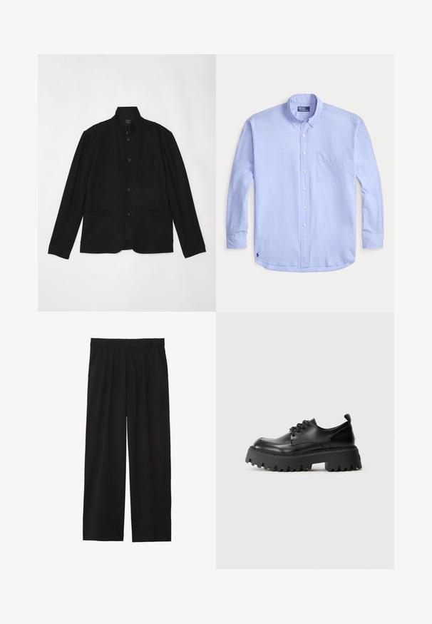 rag & bone JAPANESE PROSPECT - Blazer jacket - black; Light blue long-sleeve button-up shirt with a collar, single chest pocket, and a small embroidered logo on the lower left hem.; Black wide-leg trousers with a pleated front, side pockets, and a smooth fabric texture. Designed for a relaxed fit.; Black leather lace-up shoes with a thick, ridged rubber sole. Features a rounded toe and subtle stitching details. Thick heel for stability.