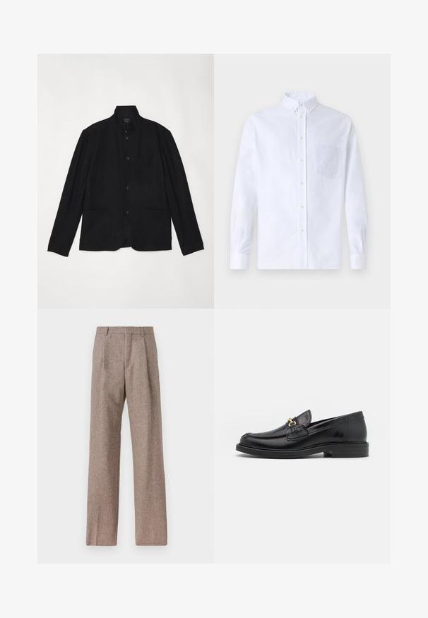 rag & bone JAPANESE PROSPECT - Sakko - black; Weißes Langarm-Hemd mit Knöpfen aus Baumwolle, ausgestattet mit einer Brusttasche mit tonalem Stickerei, einem Kragen und Knopfmanschetten.; Braune, hochtaillierte Hose aus strukturiertem Stoff. Mit weitem Bein und zwei vorderen Bügelfalten für zusätzliche Form. Saubere Verarbeitung ohne sichtbare Hardware.; Schwarze Lederleter mit einer abgerundeten Zehenpartie, ausgestattet mit goldenen Hardwareakzenten und Stichdetails, auf einer niedrigen, strukturierten Gummisohle.