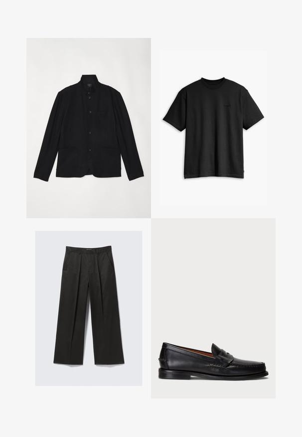 rag & bone JAPANESE PROSPECT - Americana - black; Camiseta de algodón negra con cuello redondo y mangas cortas. Presenta un sutil logotipo en la parte delantera y un dobladillo recto. Diseño simple y minimalista.; Pantalones negros de pierna ancha con una textura suave, que presentan dos bolsillos frontales y una cintura ligeramente elevada.; Mocasin de cuero negro con punta redondeada, detalles de costura y una correa decorativa en la parte frontal. Suela plana con un perfil minimalista.