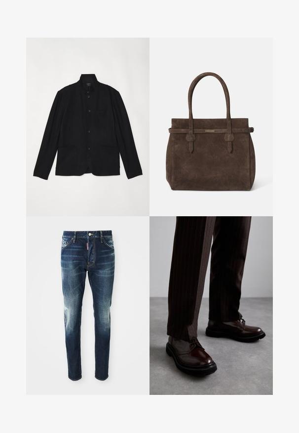 rag & bone JAPANESE PROSPECT - Blazer - black; Witte katoenen mouwloze tanktop met een ronde halslijn, met een gladde textuur en een aansluitende pasvorm, ontworpen voor casual gebruik.; Donkerblauwe spijkerbroek met een slim fit, met vervaagde gebieden op de bovenbenen en knieën, vijf zakken en een metalen knoopsluiting.; Bruine leren veterschoenen met een glanzende afwerking, zwarte rubberen zool en subtiele stiksels. Draag ze met bruin gestreepte broek.; Donkerbruin suède tote bag met dubbele handvatten en een horizontale strap met een klein gouden DSQUARED2 logo plaatje.