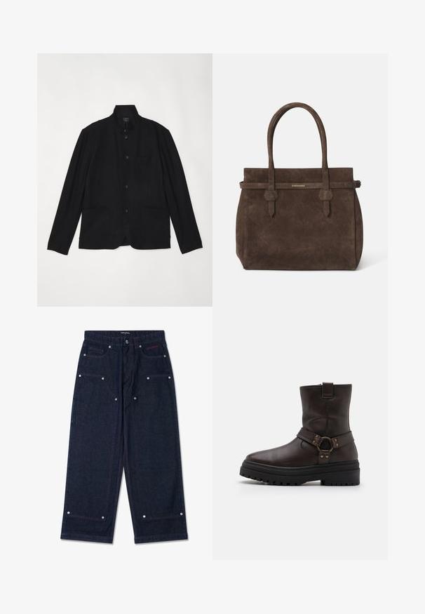 rag & bone JAPANESE PROSPECT - Sakko - black; Weißes Baumwoll-Top ohne Ärmel mit rundem Ausschnitt, ausgestattet mit einer glatten Textur und einer figurbetonten Form, ideal für die Freizeit.; Dunkelblaue weit geschnittene Jeanshose mit zwei vorderen Taschen, silbernen Hardware-Details und kontrastierendem roten Nähten. Sie verfügt über einen Knopfverschluss und ein Markenlogo.; Braune Leder-Stiefelette mit quadratischer Zehenform, Schnallenakzenten und einer dicken schwarzen Sohle. Verfügt über einen seitlichen Reißverschluss und eine strukturierte Oberfläche.; Dunkelbraune Wildledertasche mit doppelten Griffen und einem horizontalen Riemen, der mit einem kleinen goldenen DSQUARED2-Logo-Plakette versehen ist.