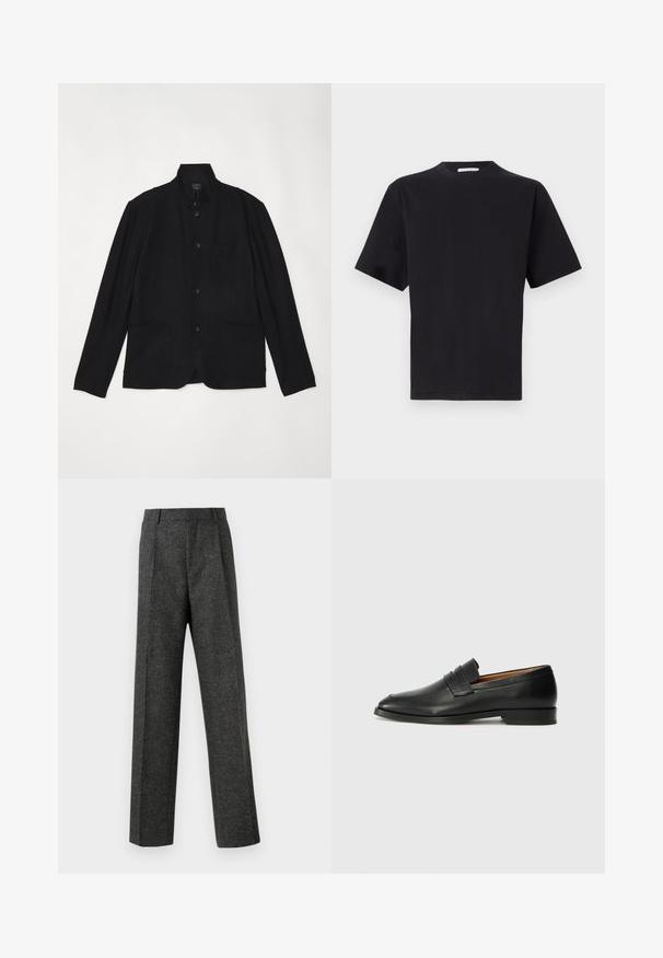 rag & bone - Marynarka; Czarna koszulka z krótkim rękawem, okrągły dekolt, wykonana z gładkiej bawełny. Prosty design bez widocznych wzorów lub akcentów.; Szare spodnie o dopasowanym kroju wykonane z teksturowanej tkaniny, z dwoma fałdami z przodu i prostymi nogawkami. Brak widocznych kieszeni i zdobień.; Czarne skórzane mokasyny z zaokrąglonym noskiem, subtelnymi przeszyciami i niskim obcasem, charakteryzujące się gładką teksturą i minimalistycznym designem.