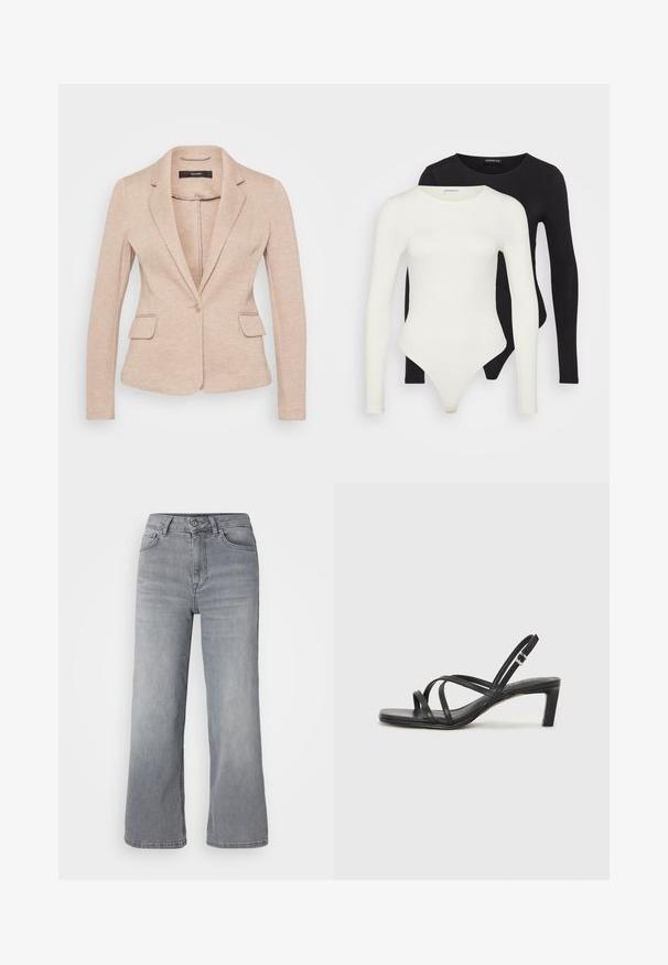 Beige blazer med snittlapel, enkelt knappfeste og to frontlommer. Laget av et mykt, teksturert stoff med en skreddersydd passform.; To langermagede bodysuit i hvit og svart. Laget av glatt stoff, med rund hals og en thong-bunn for en strømlinjeformet passform.; Lys grå denim bred-bente jeans med høy livhøyde, fem lommer og klassisk glidelås- og knappestenging. Myk tekstur med lett slitasje.; Sorte sandaler med stropper, firkantet tå og lav blokk hæl. Har flere tynne stropper og en justerbar ankelstropp. Laget av glatt lær.