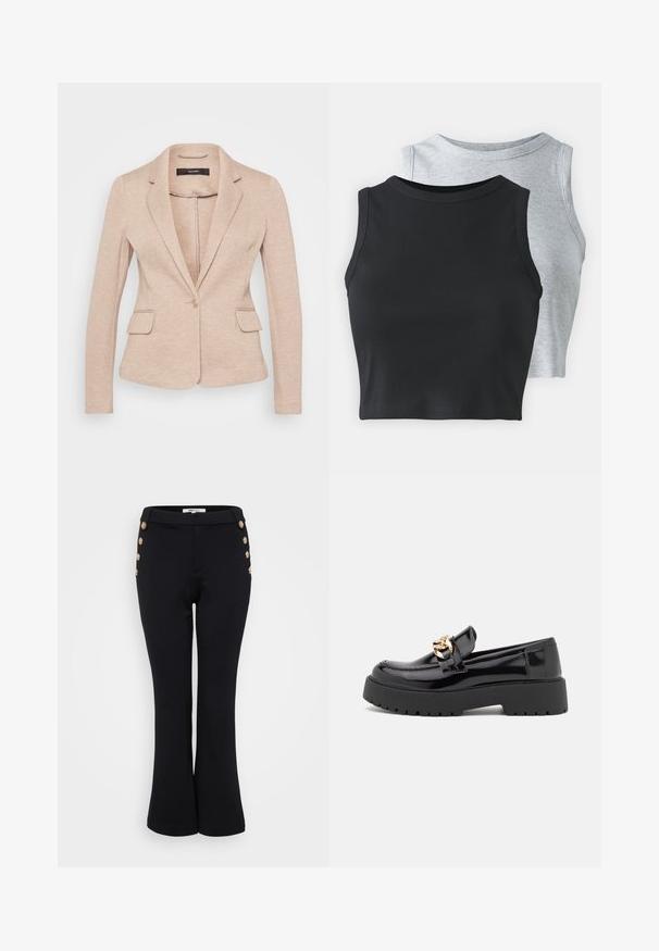 Bežs žakets ar iegrieztām kabatām, vienu pogu un divām priekšējām kabatām. Izgatavots no mīksta, strukturēta auduma ar piegriezumu.; Even&Odd Petite 2 PACK - Tops - light grey/black; Melnas platas bikses, izgatavotas no gludas auduma, ar zelta pogu akcentiem jostas daļā detaļām un pieguļošu siluetu.; Melni lakoti mokasīni ar masīvu melnu zoli un zelta aksesuāriem. Gluda tekstūra un noapaļota purngala dizains.