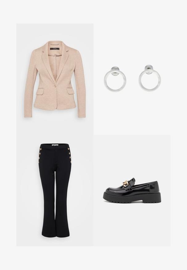 Beige sako s klopovým límcem, zapínání na jeden knoflík a dvěma předními kapsami. Vyrobeno z měkké, texturované látky s přizpůsobeným střihem.; Even&Odd Petite 2 PACK - Top - light grey/black; Černé rozšířené kalhoty vyrobené z hladkého materiálu, s zlatými knoflíkovými detaily na pase a přiléhavým střihem.; Černé lakované kožené polobotky s masivní černou podešví a zlatými detaily. Hladký povrch a design s zaoblenou špičkou.; Stříbrné kovové kruhové náušnice s broušenou texturní úpravou, s kulatým designem a průhledným záznamem pro bezpečné nošení.