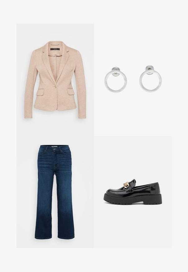 Beeži bleiser, millel on õmblusnõelad, ühe nupuga kinnitamine ja kaks eesmist taskut. Valmistatud pehmest, tekstureeritud kangast ja kohandatud lõikega.; Even&Odd Petite 2 PACK - Topp - light grey/black; ONLY Petite ONLMADISON BLUSH WIDE - Wide leg - dark blue denim; Mustad musta läikiva nahaga loaferid, millel on jäme must tald ja kuldsed detailid. Sujuv tekstuur ja ümar varvaste disain.; Hõbedased metallist rõngastooted, millel on harjatud tekstuur, ümmargune disain ja selge tagumine post, tagamaks kindlat kandmist.
