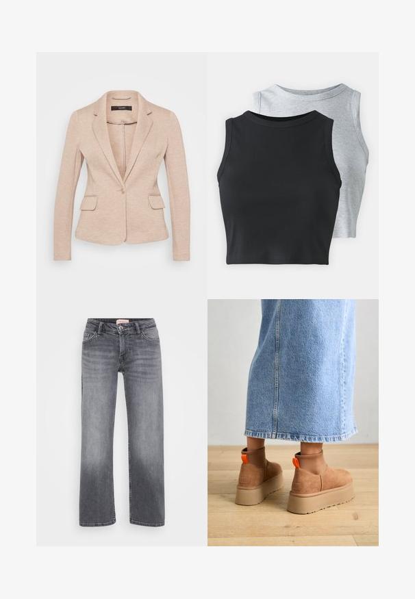 Beige blazer with notched lapels, single button closure, and two front pockets. Made of a soft, textured fabric with a tailored fit.; Even&Odd Petite 2 PACK - Top - light grey/black; Gray denim jeans with a straight leg design, five-pocket style, subtle fading, and a button closure at the waist.; Brown suede platform boots with elastic side panels and orange pull tabs, paired with a knee-length light denim skirt on a wooden floor.