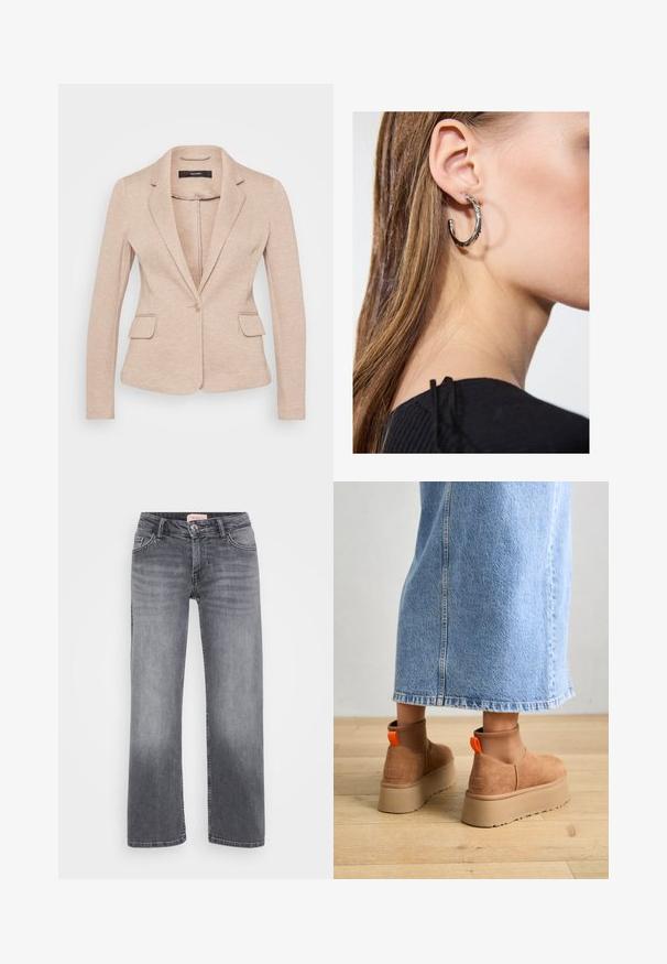 Sacou bej cu rever în formă de v, închidere cu un singur nasture și două buzunare frontale. Fabricat dintr-un material moale, texturat, cu o croială ajustată.; Even&Odd Petite 2 PACK - Top - light grey/black; Jeans gri din denim cu un design drept, stil cu cinci buzunare, decolorare subtilă și închidere cu buton la talie.; Botine maro din suede cu platformă, cu panouri elastice pe laterale și mânere portocalii, asortate cu o fustă din denim deschis până la genunchi, pe un podea din lemn.; Cercel din argint cu un finisaj polișat, având detalii mici din aur și o formă rotundă, purtat pe lobul urechii.