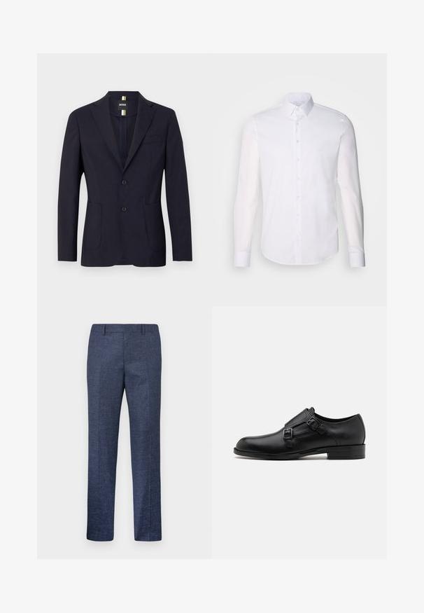 Navy blue suit jacket made of smooth fabric, featuring a notched collar, two buttons, and side pockets with a single chest pocket.; White long-sleeve button-up shirt made from cotton, featuring a classic collar, front buttons, and minimal stitching detail.; Navy blue trousers made from a textured fabric, featuring straight legs, a flat front, and two side pockets. No visible patterns or accents.; Black leather dress shoe with dual buckles, sleek silhouette, and round toe. Features a low heel and smooth texture.