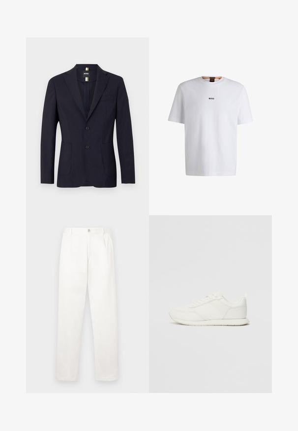 Mörkblå kavaj i slät tyg, med slagkrage, två knappar och sidofickor samt en bröstficka.; Vit bomull T-shirt med korta ärmar, med en svart "BOSS"-logotyp centrerad på bröstet och en rund nackdesign.; Vita byxor i ett mjukt tyg, med rak benform, framfickor och en enda knappstängning i midjan.; Vita sneakers med ett överdel i mesh och syntetmaterial, rund tå, platta snörning, och ett texturerat sidostreck. Gummisula med en dragflik bak.