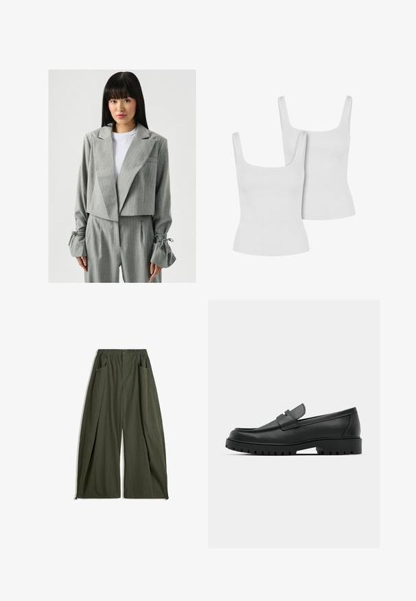 Laurella Blejzr - light grey; Dvě bílé bavlněné tílka s žebrovanou texturou, se širokými ramínky a přiléhavým střihem. Každé má čtvercový výstřih.; Kalhoty s širokým střihem v olivově zelené látce, s elastickým pasem, dvěma bočními kapsami a texturovaným povrchem.; Černé kožené mokasíny s kulatou špičkou, zdobené prošitím, s nízkou platformou a texturovanou gumovou podrážkou s drážkováním.