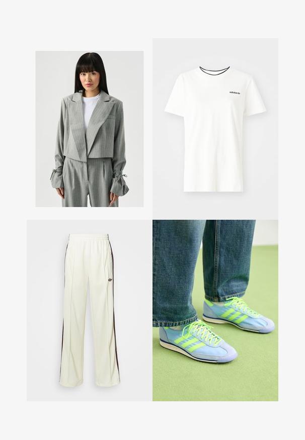 Laurella Žakete - light grey; Balta kokvilnas T-krekls ar īsām piedurknēm un apļveida kakla izgriezumu. Piedāvā melnu Adidas logotipu uz krūtīm un kontrastējošu melnu iekšējo apkakli.; Krēma krāsas sporta bikses ar brīvu piegriezumu, ar tumši brūnām sānu svītrām un izšūtu logotipu kreisajā augšstilbā.; Gaiši zili sporta apavi ar zaļiem akcentiem, veidoti no zamša un sintētiska materiāla, ar trim svītrām un teksturētu zoli. Stilizēti ar brīviem džinsiem.