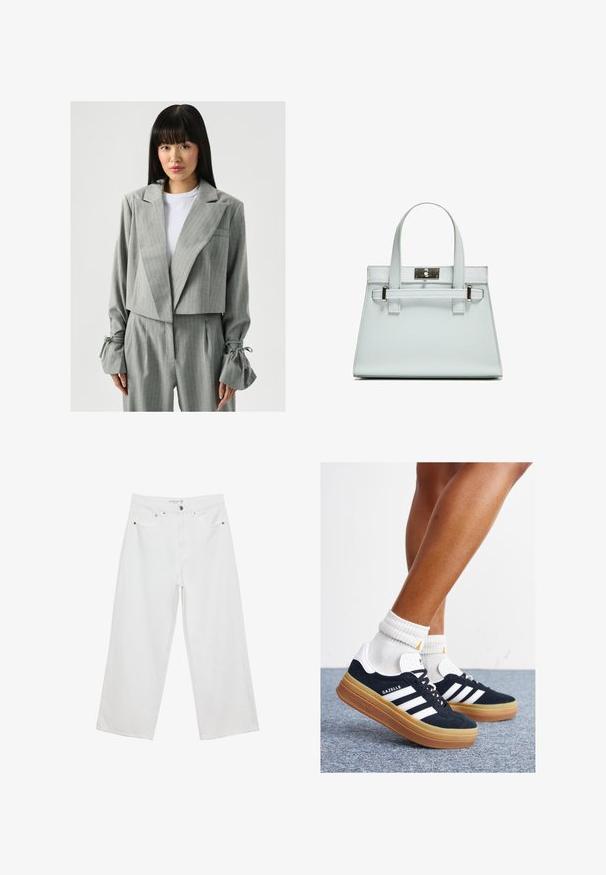 Laurella Bleiseri - light grey; Valkoinen lyhythihainen t-paita, jossa on rento leikkaus ja frillattu tekstuuri vyötäröllä. Valmistettu pehmeästä, kevyestä kankaasta.; Valkoiset leveälahkeiset farkut, joissa on korkea vyötärö. Tämä malli sisältää viisi taskua ja metallisia yksityiskohtia. Kankaan pinta on sileä, ilman näkyviä kuvioita.; Musta mokkanahkainen tennari, jossa valkoiset raidat ja yksityiskohdat, pyöreä kärki, purukumipohja, yhdistetty valkoisiin ribbineuleisiin nilkkasukkiin.; Vaaleansininen käsilaukku, jossa on jämäkkä muotoilu, kaksi kahvaa ja hopeanvärinen kiinnitys. Pinta on teksturoitu ja kulmat terävät.