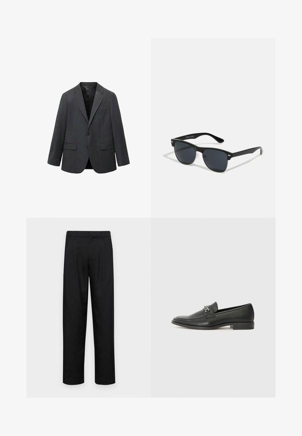 Czarnoszary, jednosządowy marynarka męska z klapami, dwoma przednimi kieszeniami z klapami, jedną kieszenią na piersi i czarną podszewką.; Dwie czarne koszulki polo z krótkim rękawem, wykonane z materiału bawełnianego, z klasycznym kołnierzykiem, z zapięciem na dwa guziki oraz białymi paskami wewnątrz kołnierza.; Czarne spodnie wykonane z gładkiego materiału, z prostą nogawką, dwoma fałdami z przodu oraz standardowym paskiem z wypustkami na pasek.; Czarne skórzane mokasyny o gładkim wykończeniu, z haftowanym wzorem i dekoracyjnym akcentem z metalowego łańcucha na wierzchu. Płaska pięta.; Czarne okulary przeciwsłoneczne o prostokątnym kształcie, ciemnych soczewkach, srebrnych akcentach na zausznikach oraz matowym wykończeniu oprawki.; Zestaw czterech pierścionków: jeden ma czarny prostokątny kamień, trzy są metalowe o różnych fakturach, w tym wzór ogniwa łańcucha, żebrowany oraz w szachownicę.