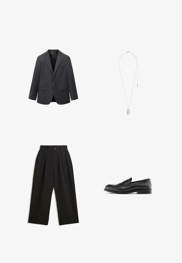 Tmavě šedý jednoradový pánský blazer s klopami, dvěma předními kapsami s klopami, jednou náprsní kapsou a černou podšívkou.; Černá dlouhá halenka s rukávy typu henley vyrobená z měkké tkaniny, s knoflíkovou légou, kulatým výstřihem a obtáhlými rukávy.; Černé kalhoty s uvolněným střihem, s průhyby v přední části, bočními kapsami a zapínáním na knoflík. Vyrobené z texturované látky.; Černé kožené penny loafers s nízkým podpatkem, zaoblenou špičkou a prošíváním podél svršku, zobrazené v bočním profilu na bílém pozadí.; Stříbrný náhrdelník s obdélníkovým přívěskem se složitým designem, jemným řetízkem a nastavitelným zapínáním pro úpravu délky.