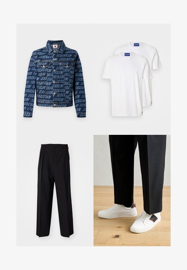Sötétkék farmerdzseki, ismétlődő "JÉGKRÉM" feliratmintával, gombos záródással, két mellzsebbel és klasszikus galléros kialakítással.; Fehér pamut pólók, kerek nyakkivágással és rövid ujjakkal, kék "HUGO" címkékkel a nyakban és kis díszítésekkel a szegélyen.; Fekete, pliszírozott nadrág, egyenes, széles lábakkal. Sima anyagból készült, gombos záródással és övhurkokkal rendelkezik.; Fehér sneaker, sima textúrával, barna bőr díszítéssel és fekete részletekkel, fekete szabott nadrággal párosítva. Fából készült padló háttér.