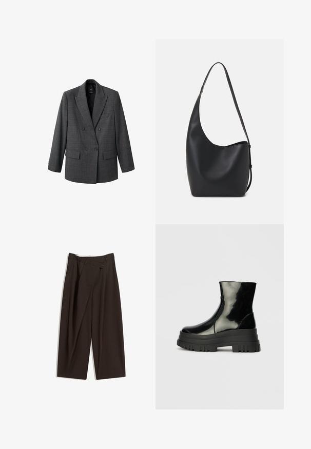 Harmaa kaksirivinen bleiseri, jossa on ruutukuviota. Varusteena huippulaput, kaksi etutaskua ja nappikiristykset hihansuissa. Kangas on sileä.; Valkoinen pitkähihais t-paita ribbikankaasta, jossa on pyöreä kaula-aukko ja suora helma. Yksinkertainen, yhtenäinen muotoilu.; Tummanruskeat leveälahkeiset housut, joissa on korkea vyötärö, yhden napin sulkea ja pleatattu etuosa. Valmistettu kevyestä kankaasta.; Musta kiiltävä nilkkuri paksulla karkealla pohjalla ja pyöristetyllä kärjellä, sivukuva vaaleanharmaalla yksinkertaisella taustalla.; Musta nahkainen hobo-laukku, jossa on sileä pinta, kaareva muoto ja yksi säädettävä olkahihna; sisäänkäynti on leveä ylhäältä.