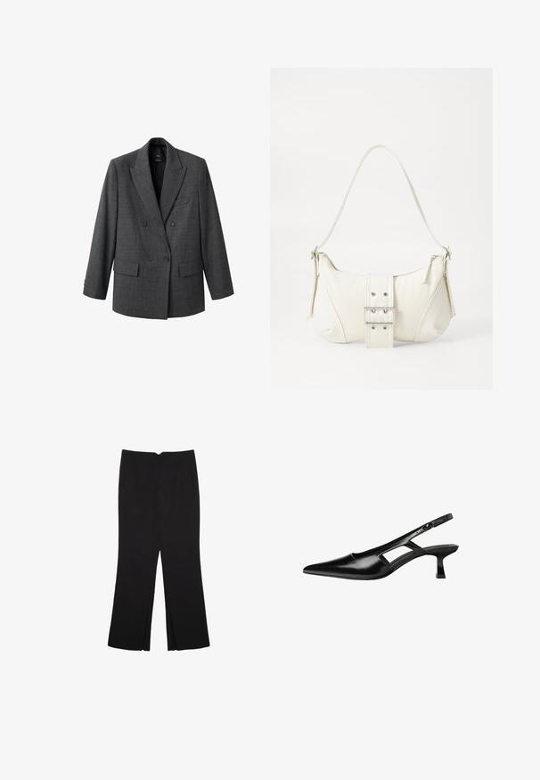 Szary dwurzędowy żakiet w kratę. Posiada wystające klapy, dwie przednie kieszenie oraz mankiety zapinane na guziki. Materiał ma gładką teksturę.; Czarny bezrękawnik crop top z gładkiego materiału, z okrągłym dekoltem i czystym, prostym wzornictwem, bez wzorów czy metalowych elementów.; Czarne spodnie o prostym kroju, z przednimi kieszeniami i bocznymi rozcięciami na dole. Wykonane z miękkiego, gładkiego materiału. Odpowiednie na różne okazje.; Czarne lakierowane czółenka na odkrytej pięcie z wąskim noskiem, z wykrojem po bokach i małym kwadratowym obcasem. Gładka faktura z minimalnymi akcentami.; Biała torebka na ramię o fakturowanym wykończeniu, z centralnym akcentem w postaci klamry i zaokrąglonym kształcie. Zapięcia na zamek błyskawiczny po obu stronach.