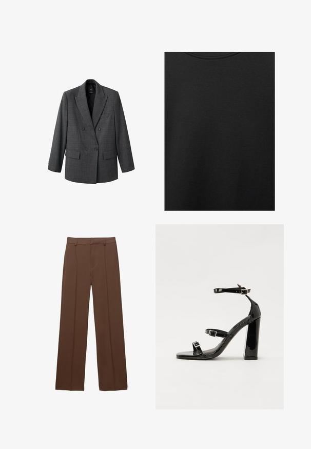 Sivi dvostruki sako s kariranim uzorkom. Ima šiljaste reveri, dva prednja džepa i dugmad na rukavima. Tkanina ima glatku teksturu.; Crni pamučni materijal s glatkom teksturom i okruglim izrezom, s nježnim, ravnomjernim uzorkom. Nema vidljivih logotipa ili akcenata.; Smeđe široke hlače izrađene od glatke tkanine; imaju obložene prednje nabore i ravni pojas s petljama za remen.; Crne lakirane sandale na visoku petu s dva remena s kopčama, kvadratnim vrhom i masivnom blok petom, s glatkom, sjajnom teksturom.
