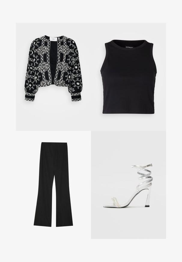 Svart cropped jakke med hvit blomsterbroderi, med rund hals, åpen front og puffede ermer med stripete detaljer ved mansjettene.; Svart ribbet crop tank top med rund halslinning og ermeless design. Laget av myk, elastisk stoff med rene, kantede kanter.; Svarte vide bukser med en jevn tekstur og elastisk midjebånd. Har en solid svart farge uten mønstre eller pynt.; Sølv høyhælte sandaler med et glitrende stroppdesign, som har en perle-lignende akcent og en spiralformet ankelstropp for sikker passform.