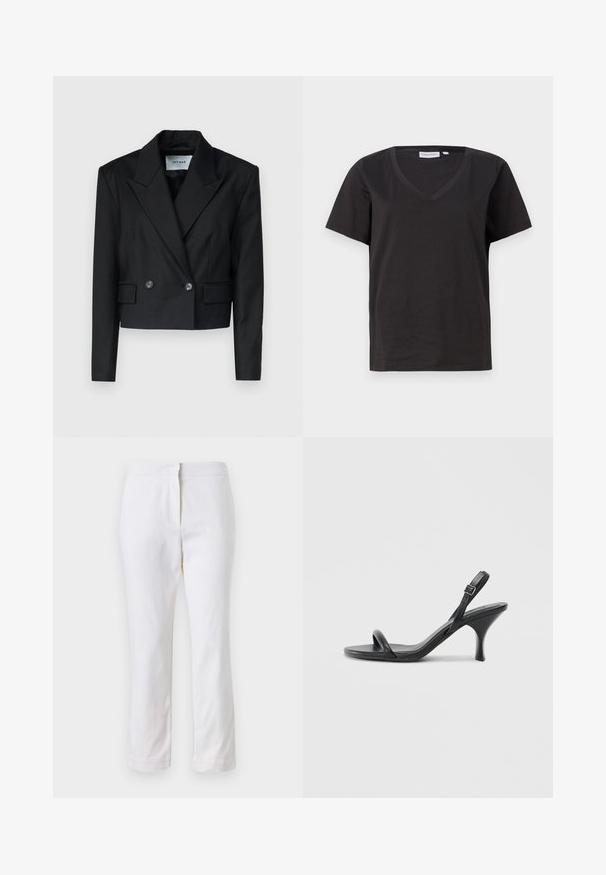 Sacou scurt negru cu un design tip double-breasted, guler cu retezare, două butoane și două buzunare frontale. Material texturat, siluetă structurată.; Tricou negru din bumbac cu decolteu în V și mâneci scurte. Design simplu, cu o croială normală și fără modele sau accente.; Pantaloni din bumbac alb, cu un design drept, având talie medie și fără hardware sau modele vizibile. Textură uniformă pe întreaga suprafață.; Sandale cu toc înalt din piele neagră, cu un toc subțire și curbat și un design cu curea încrucișată. Curea la gleznă ajustabilă. Textură netedă.