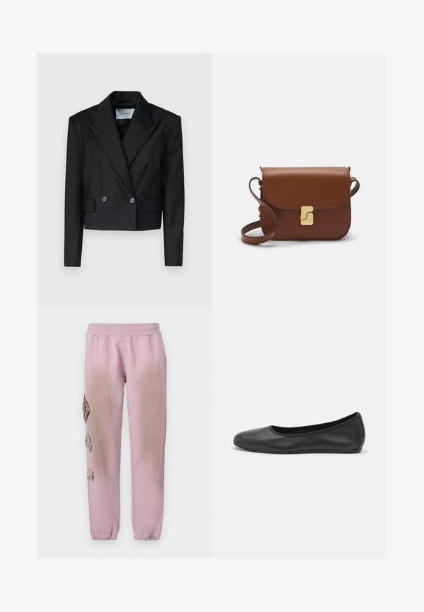 Musta lyhyt bleiseri, jossa on tuplapainike, lovikolkka, kaksi nappia ja kaksi etutaskua. Rakennekuvioitu kangas, jämäkkä siluetti.; Valkoinen lyhythihainen t-paita, joka on valmistettu ribbytedusta kankaasta. Pyöreä pääntiie, normaali istuvuus ja hienovaraiset ompeluyksityiskohdat. Ei kuvioita tai grafiikkaa.; Vaaleanpunaiset hikoiluhousut, joissa on joustava vyötärö, ja vasemmalla puolella koristeellisia timantinmuotoisia alueita, sekä joustavat hihnat nilkoissa.; Musta nahkainen ballerina, jossa on pyöristetty kärki, sileä pinta, minimaalinen ommelkoristelu ja joustava pohjamuotoilu.; Ruskea nahkainen käsilaukku, jossa on läppäkiinnitys, kultasävyiset yksityiskohdat, olkahihna ja sileä pinta. Kompaktin suorakaiteen muotoinen.