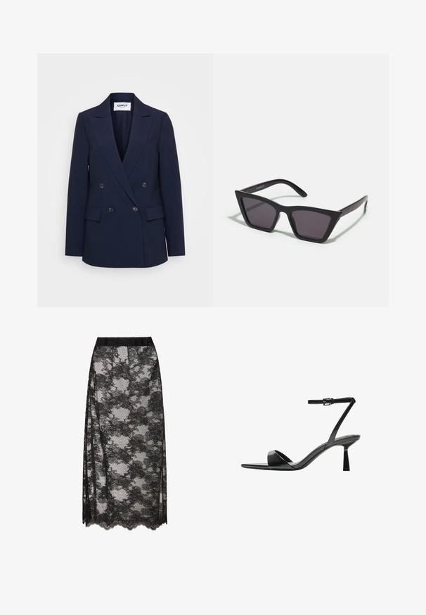 Navy blue double-breasted blazer with notch lapels, two front pockets, and black buttons on the front. Made from textured fabric.; Black ribbed turtleneck top, short sleeves, form-fitting design, soft texture, minimal seams, and a high collar.; Black lace skirt with a scalloped hem, featuring a floral pattern and sheer texture. Elastic waistband for comfortable wear.; Bershka High heeled sandals - black; Black, angular sunglasses with gray lenses; made of plastic, featuring thick arms with a smooth surface and no visible hardware.; Black leather handbag with a rounded, contoured shape, featuring a gold-tone lock closure and a single adjustable strap. Smooth texture.