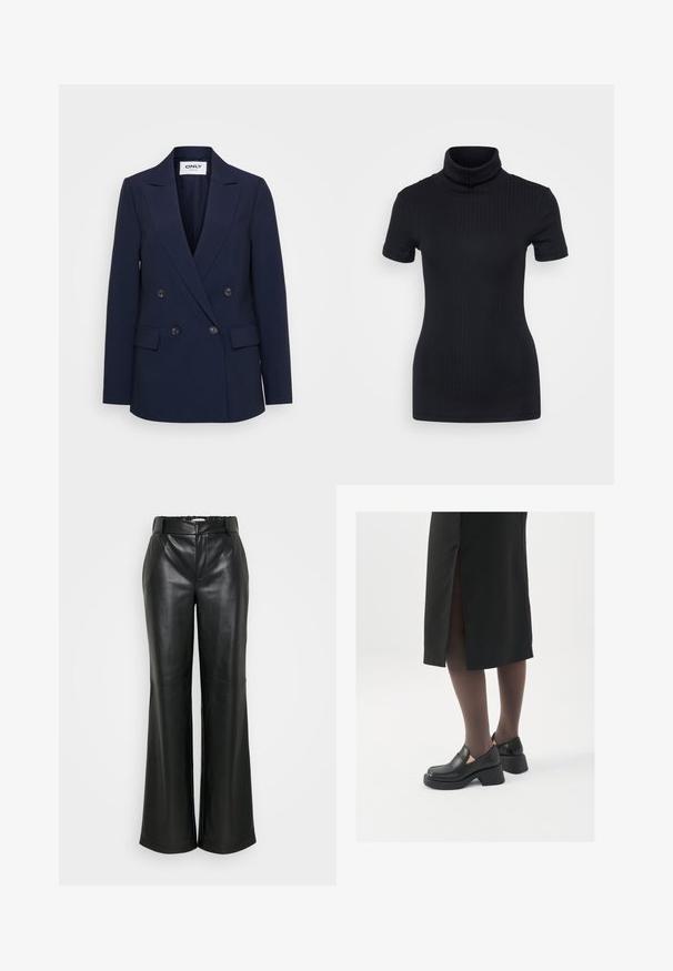 Tengerészkék, dupla soros blézer féllapolt gallérral, két elülső zsebbel és fekete gombokkal elöl. Texturált anyagból készült.; Fekete bordás garbó, rövid ujjú, testhez simuló dizájn, puha tapintás, minimális varrásokkal és magas gallérral.; ONLY Tall ONLSMOOTH WIDE - Nadrágok - black; Fekete bőr cipők lekerekített orral, vastag blokk sarkakkal és elasztikus oldalsó díszítésekkel, sötét harisnyával és hasítékkal ellátott fekete szoknyával párosítva.