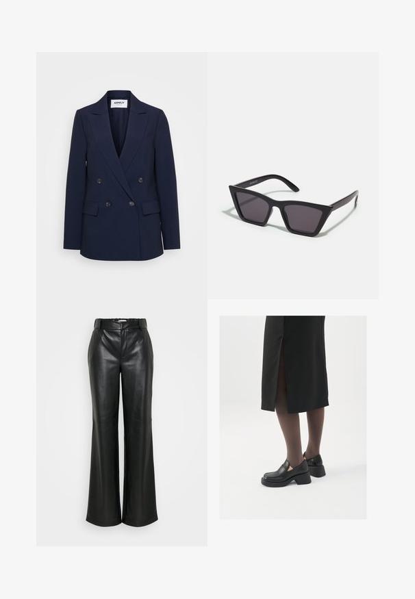 Tumši zils divrindas žakets ar izgrieztiem atlokiem, diviem priekšējiem kabatām un melnām pogām priekšpusē. Izgatavots no strukturēta auduma.; Melnas ribotas turtleneck blūze, īsām piedurknēm, pieguļošs dizains, maiga tekstūra, minimāls šuvju skaits un augsts kakls.; ONLY Tall ONLSMOOTH WIDE - Auduma bikses - black; Melni ādas apavi ar noapaļotu purngalu, biezām bloku papēžiem un elastīgiem sānu akcentiem, apvienoti ar tumšām zeķubiksēm un melnu svārku ar šķirbu.; Melni, stūrveida saulesbrilles ar pelēkiem objektīviem; izgatavotas no plastmasas, ar biezām kājām, kam ir gluda virsma un nav redzamu stiprinājumu.