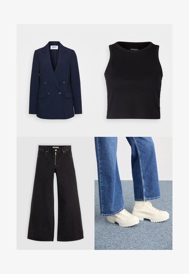 Navy blue double-breasted blazer with notch lapels, two front pockets, and black buttons on the front. Made from textured fabric.; Black ribbed crop tank top with a round neckline and sleeveless design. Made from soft, stretchy fabric, featuring clean hemmed edges.; Wide-leg jeans in black denim with a zippered front, five-pocket design, and subtle stitching details. Smooth texture and casual style.; White high-top sneakers with thick, ridged soles and circular logo detail, worn with light blue, wide-leg denim jeans.