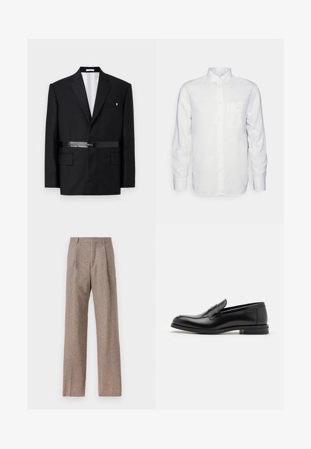 Black tailored blazer with a slim fit, structured shoulders, satin belt detail, and two front pockets. Lined interior in white.; Long-sleeve white shirt made of cotton, featuring a button-down collar, front pocket, and regular fit. Textured fabric with a smooth surface.; Brown, high-waisted trousers made of textured fabric. Features wide legs and two front pleats for structure. Neat finish with no visible hardware.; Black leather loafers with a smooth texture, rounded toe, and a decorative strap across the vamp. Low stacked heel, minimalist design.