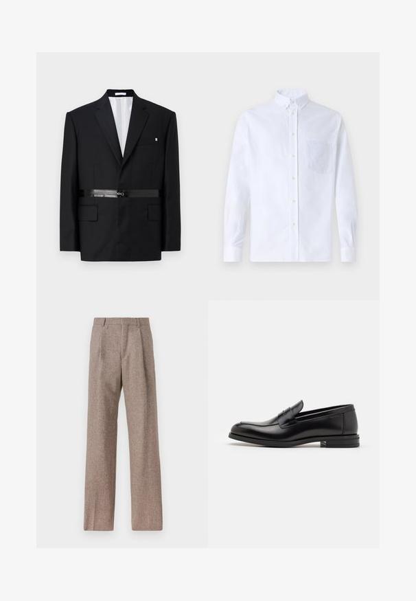 Zwart op maat gemaakte blazer met een slim fit, gestructureerde schouders, satijnen riemdetail en twee voorkeuken. Gevoerd interieur in het wit.; Witte lange mouwen overhemd van katoen, met een borstzak met tonale borduring, een kraag en knopenmanchetten.; Bruine, hooggewaisted broeken van een gestructureerde stof. Heeft wijde benen en twee voorplooien voor extra structuur. Net afgewerkt zonder zichtbare hardware.; Zwarte leren instappers met een gladde textuur, ronde neus en een decoratieve band over de wreef. Lage, gestapelde hak en minimalistisch ontwerp.