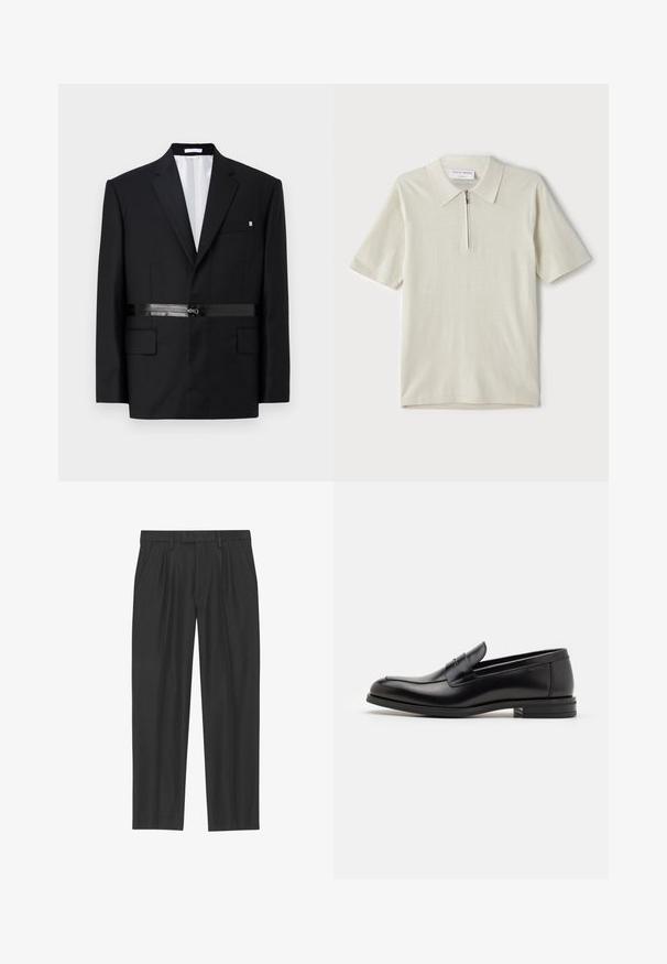 Blazer nero su misura con vestibilità slim, spalle strutturate, dettaglio della cintura in satin e due tasche frontali. Interno foderato di bianco.; Polo a maniche corte in beige chiaro con colletto zip. Realizzato in tessuto morbido, presenta un design semplice e moderno, privo di motivi.; Pantaloni neri plissettati realizzati in un tessuto liscio; presentano una vita con passanti per cintura e un taglio dritto. Design minimalista senza motivi.; Mocassini neri in pelle con una texture liscia, punta arrotondata e una striscia decorativa sulla tomaia. Tacco basso impilato, design minimalista.