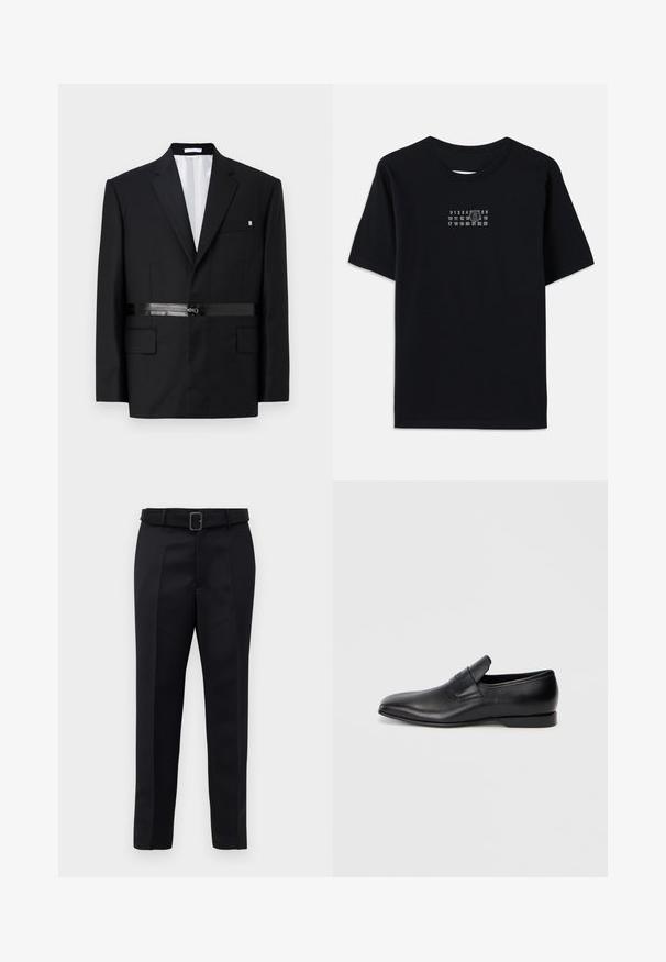 Black tailored blazer with a slim fit, structured shoulders, satin belt detail, and two front pockets. Lined interior in white.; Black cotton t-shirt with short sleeves and round neck. Features a white numerical print with a stylized '6' across the chest.; Black tailored trousers feature a smooth fabric, straight cut, and a belted waist with a rectangular buckle. Notable front creases enhance the design.; Black leather slip-on shoe with a pointed toe, smooth texture, and subtle branding on the side. Low heel with a clean, minimal design.