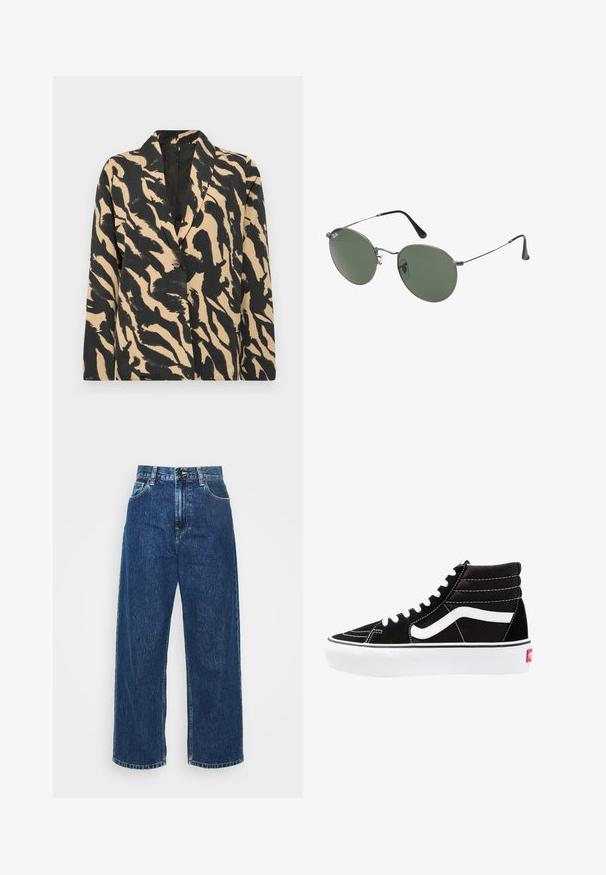 Black and beige patterned blazer with a notched collar and single button closure, made from a textured fabric featuring a bold animal print.; Two sleeveless tops in black and white, made of ribbed cotton, featuring round necklines and a fitted design. Labels visible on both.; Light blue denim wide-leg jeans with a high waist, visible stitching, and standard pockets. Features a button and zip fly closure.; Black high-top sneakers with white laces, a white logo, and contrasting white stitching. Features a thick white sole and textured suede upper.; Metal-framed sunglasses with oval green lenses. Thin silver metal frame and black ear tips. Minimalist design, no visible logos.