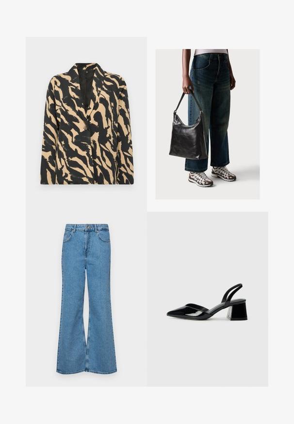 Blazer preto e bege com padrão, collar de ponta e fecho de botão único, feito de um tecido texturizado com uma ousada estampa de animal.; Top branco sem mangas com decote redondo. Feito de um tecido liso, apresenta um corte descontraído e um design minimalista. Sem padrões ou detalhes.; Jeans de brim azuis claros, com corte à boca de sino, apresentando uma cintura alta, cinco bolsos e um fecho de botão único. Textura macia com acabamento desbotado.; Sandy em verniz preto com salto slingback, ponta afilada e salto geométrico. Apresenta um design elegante e minimalista com textura suave.; Bolsa de ombro em couro preto com textura suave e alça ajustável, combinada com jeans de perna larga desbotados e ténis desportivos.