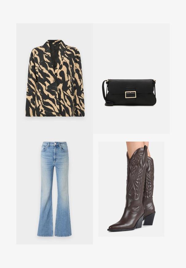 Melnā un bēša rakstainā žakete ar iegrieztu apkakli un vienu pogu, izgatavota no teksturēta auduma ar izteiksmīgu dzīvnieku drukā.; Balta bezpiedurkņu topiņš no ribotā auduma, ar noapaļotu kakla izgriezumu un pieguļošu siluetu, ar minimālām šuvēm un bez rotājumiem.; Gai zili flared džinsi, kas izgatavoti no denima, ar augstu jostasvietu, piecu kabatu dizainu un maigu gradientu izbalēšanu uz apakšmalas.; Brūni ādas kovboju zābaki ar norādītu purngalu un blokveida papēdi, ar detalizētu šūšanu un paceltiem akcentiem uz kājas daļas.; Melnas ādas saķeres soma ar atloku un zelta metāla sprādzi. Ietver melnu siksnu un elegantu, minimālistisku dizainu.; Sudraba gredzenveida auskari ar savītu dizainu, kas ir ar pulētu apdari un ar aizmugurēju fiksāciju. Izmērs ir aptuveni 3 cm diametrā.