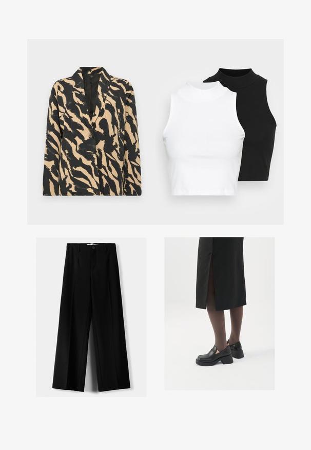 Černá a béžová blazer s vzorem, s klopovým límcem a zapínáním na jeden knoflík, vyrobený z texturované látky s výrazným zvířecím vzorem.; Dvě bezrukávové halenky s ribovým stojáčkem v černé a bílé barvě, které mají přiléhavý střih a hladkou texturu, s krácenou délkou.; Černé široké kalhoty z lehkého materiálu s předním zapínáním na knoflík a hladkým předním dílem, s pečlivě přišitými lemy.; Černé kožené boty s kulatou špičkou, silným blokovým podpatkem a elastickými bočními akcenty, spárované s tmavými punčochami a černou sukní se rozparkem.
