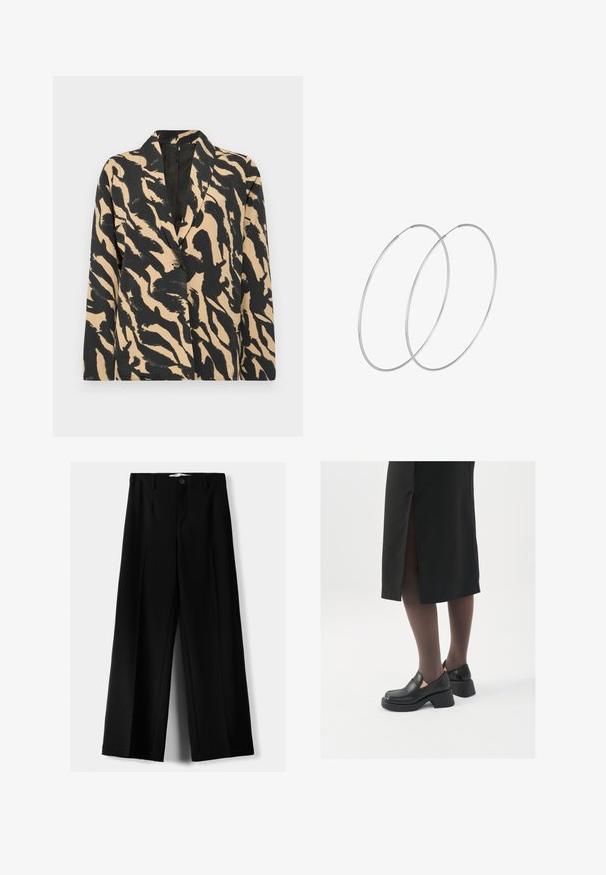 Blazer nero e beige con motivo a fantasia, colletto a labbro e chiusura con un bottone, realizzato in un tessuto strutturato con una vivace stampa animale.; Due top in maglia senza maniche, a collo alto, in nero e bianco, con un design aderente e una superficie liscia, di lunghezza cropped.; Pantaloni neri a gamba larga realizzati in tessuto leggero, caratterizzati da una chiusura frontale con bottone e frontale piatto, con orli cuciti con precisione.; Scarpe in pelle nera con punta arrotondata, tacco spesso a blocco e accenti laterali in elastico, abbinate a collant scuri e una gonna nera con uno spacco.; Orecchini a cerchio in argento con un design minimalista. Forma circolare, superficie liscia e profilo sottile. Leggeri con una finitura lucida.