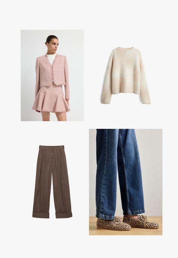 Raffelrand roze tweed jasje met een boxy fit en een flared minirok, voorzien van een textuurpatroon en lange mouwen.; Lichtbeige fuzzy sweater met een ronde halslijn, lange mouwen en een relaxte pasvorm. Zachte textuur met een gradient patroon.; Bruine wijde broek van katoen, met een knoopsluiting, geplooide voorkant en opgerolde manchetten voor een relaxte pasvorm.; Luipaardprint loafers van suede, met een ronde neus, vetersluiting en platte, flexibele zolen, gecombineerd met blauwe jeans.